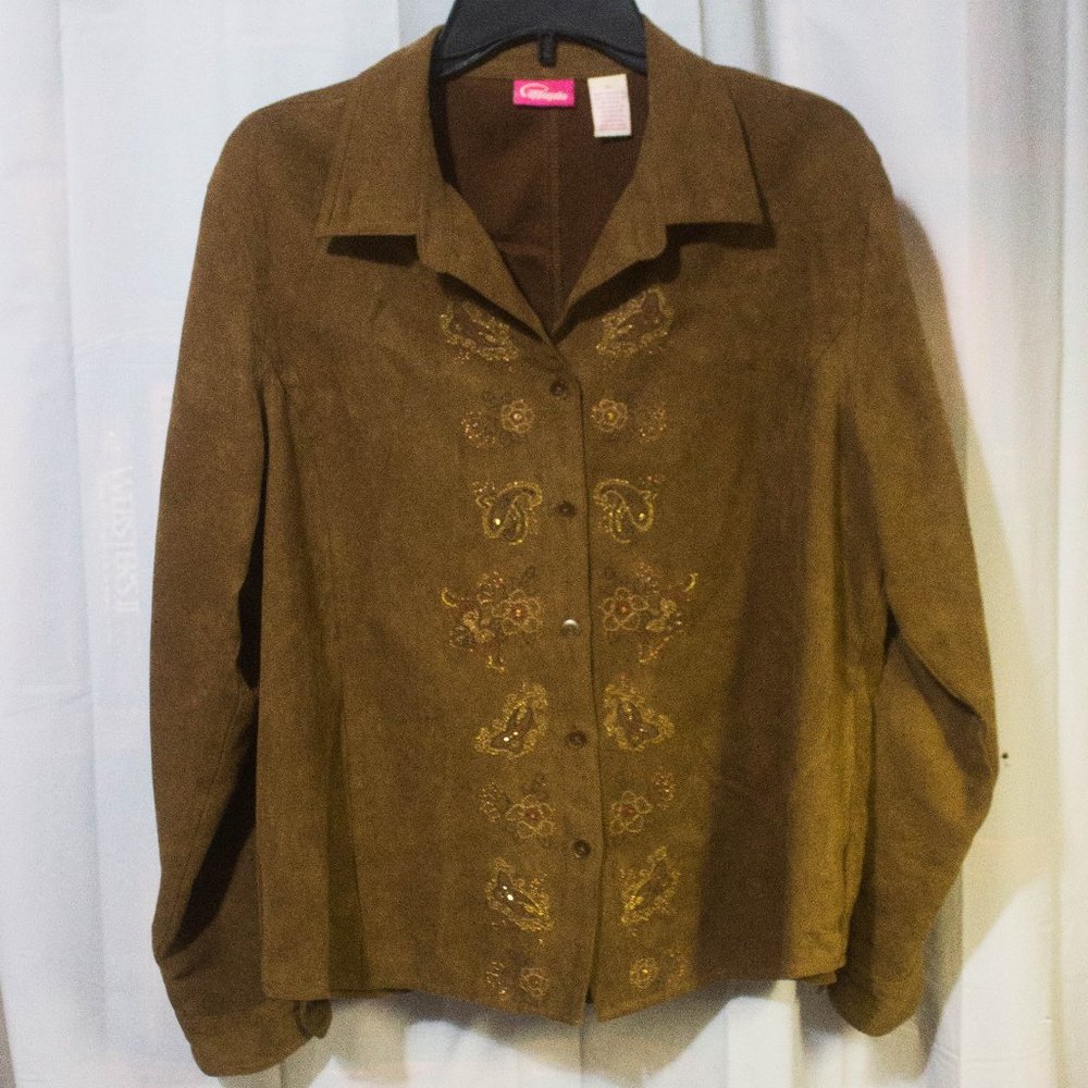 Pappagallo Embroidered Beaded Washable Faux Suede Button Down Shirt Size XLarge